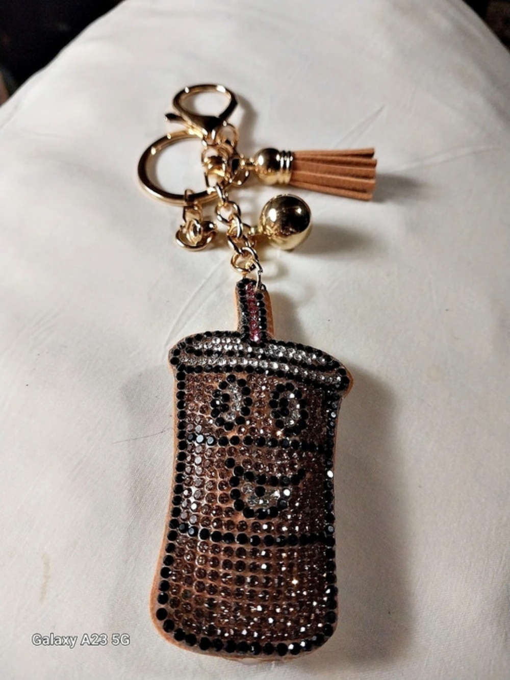 Rhinestone 3D Bag Charm/Keychain W/Tassel Depicting Coffee Cup Gold Hardware